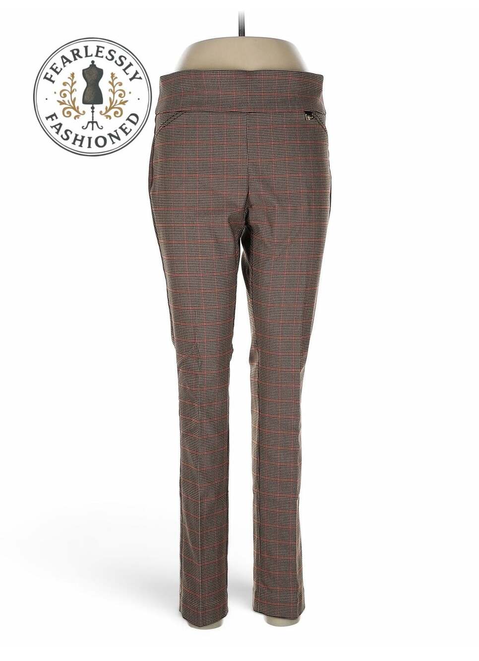 Anne Klein Plaid Pull-On Ankle Pants Women's Size 10  Houndstooth Red Brown